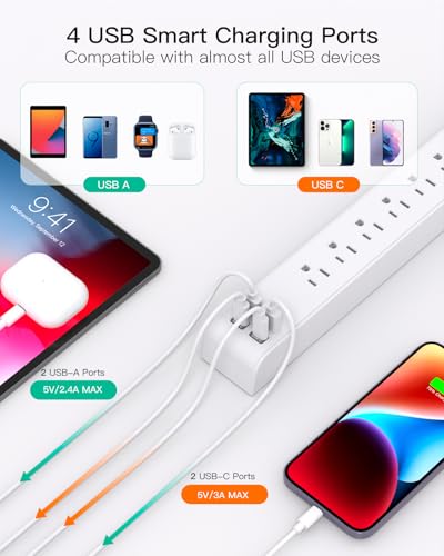 mifaso 2 Pack Power Strip, 12FT Long Extension Cord, Surge Protector with 6 Outlets and 4 USB Ports (2 USB C), Flat Plug Overload Protection, Extension Cord 10+ ft, Wall Mount for Home Office Dorm College - Image 3