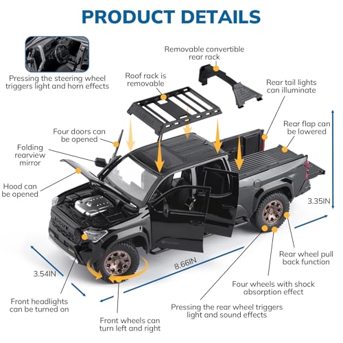 FRJV Toy Trucks for Boys 1 24 Diecast Cars Tacoma Toy TruckCollectible Metal Pickup Trucks Model Car KitsPull Back Tacoma Truck Toy with Lights and SoundsToy Trucks for Boys Age 47Black - Image 5