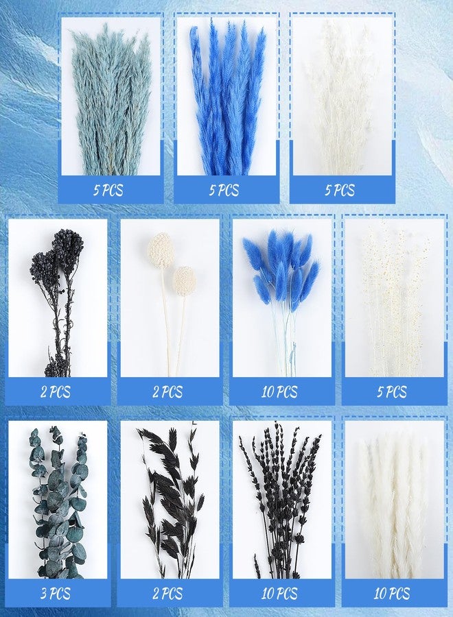 باقة سونغ جام من 59 قطعة من الزهور الزرقاء المجففة الطبيعية مع عشب البامباس، زهور زرقاء مجففة، مزيج من النباتات وأغصان الأوكالبتوس لتزيين المنزل وحفلات الزفاف والمناسبات الشاطئية. - Image 3