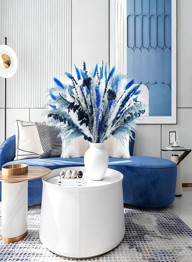 باقة سونغ جام من 59 قطعة من الزهور الزرقاء المجففة الطبيعية مع عشب البامباس، زهور زرقاء مجففة، مزيج من النباتات وأغصان الأوكالبتوس لتزيين المنزل وحفلات الزفاف والمناسبات الشاطئية. - Image 4