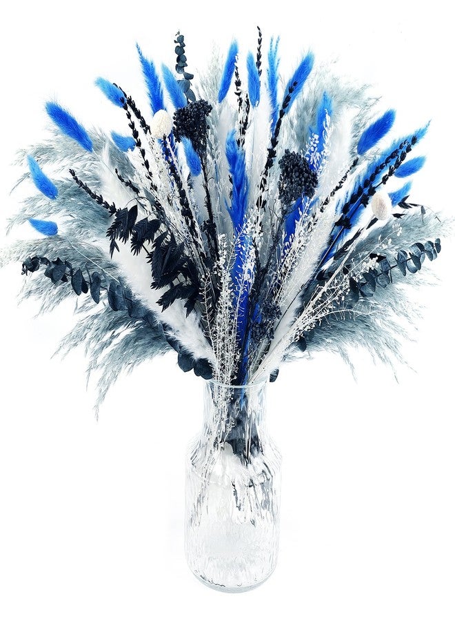 باقة سونغ جام من 59 قطعة من الزهور الزرقاء المجففة الطبيعية مع عشب البامباس، زهور زرقاء مجففة، مزيج من النباتات وأغصان الأوكالبتوس لتزيين المنزل وحفلات الزفاف والمناسبات الشاطئية. - Image 1