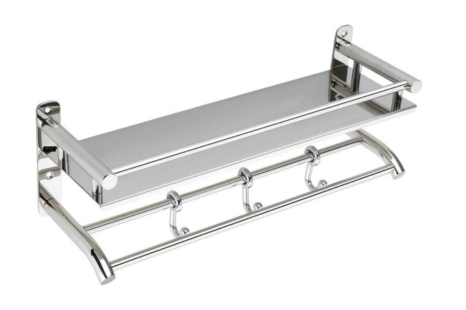 HIGH GRADE STAINLESS STEEL MULTIPURPOSE 2 TIER BATHROOM SHELF WITH TOWEL HOLDERTOWEL HOOKSBATHROOM ACCESSORIESSILVER