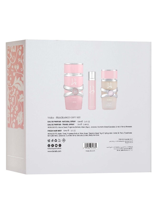 Lattafa YARA FRAGRANCE GIFT SET- EDP 100 ML + TRAVEL SPRAY 12 ML+ HAIRMIST 50 ML - Image 3