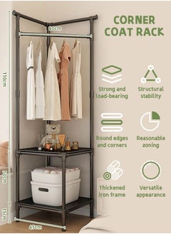 Occuwzz Simple Coat Rack Freestanding Wardrobe Storage Rack with 3 Storage Racks Corner Storage Rack Suitable for Entrance Bedroom Black  - Image 2