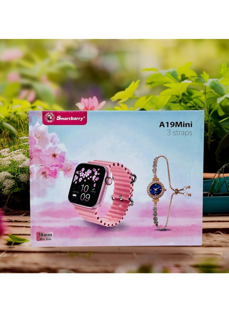 سمارت باري ساعة ذكية Smartberry A19 Mini بشاشة عالية الدقة مقاس 1.75 بوصة - بطارية 250 مللي أمبير/ساعة، 3 أحزمة، شاحن مغناطيسي وسوار أنيق