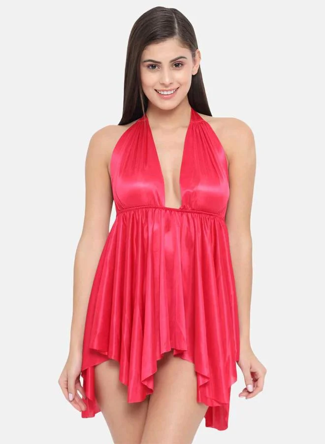 Take Two Solid Halter Neck Asymmetric Hem Satin Babydoll By Klamotten