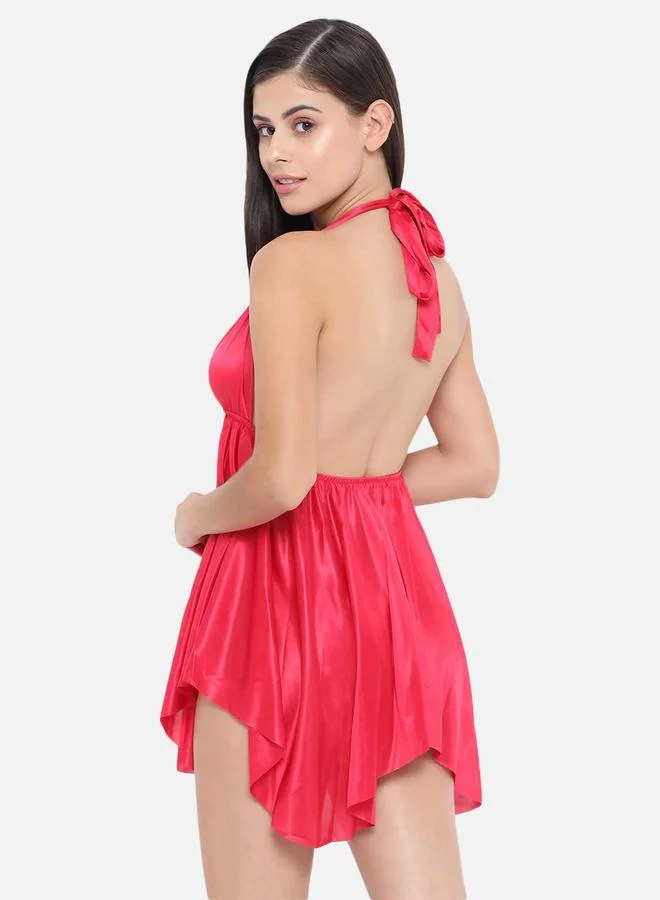 Take Two Solid Halter Neck Asymmetric Hem Satin Babydoll By Klamotten