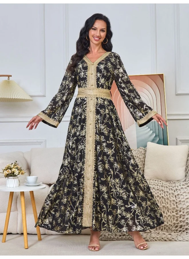 Madam Uniq Women's Black Long Sleeve Gold Foil V-Neck Embroidered Evening Gown Kaftan with Belt