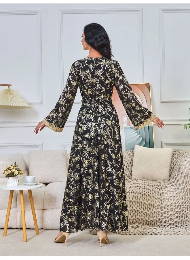 Madam Uniq Women's Black Long Sleeve Gold Foil V-Neck Embroidered Evening Gown Kaftan with Belt