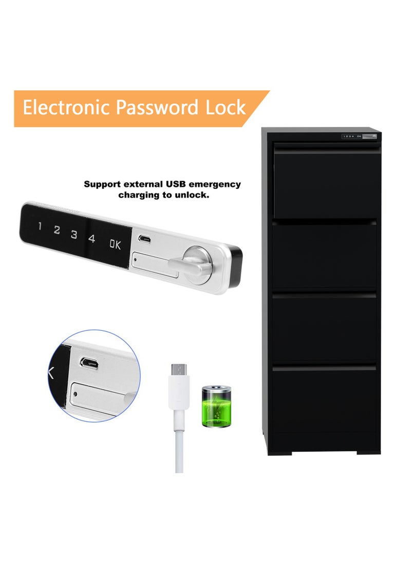 Mahmayi Modern 4-Drawer Steel Filing Cabinet with Digital Lock - Securely Organize Your Documents, Home, and Office Essentials in Style - Black