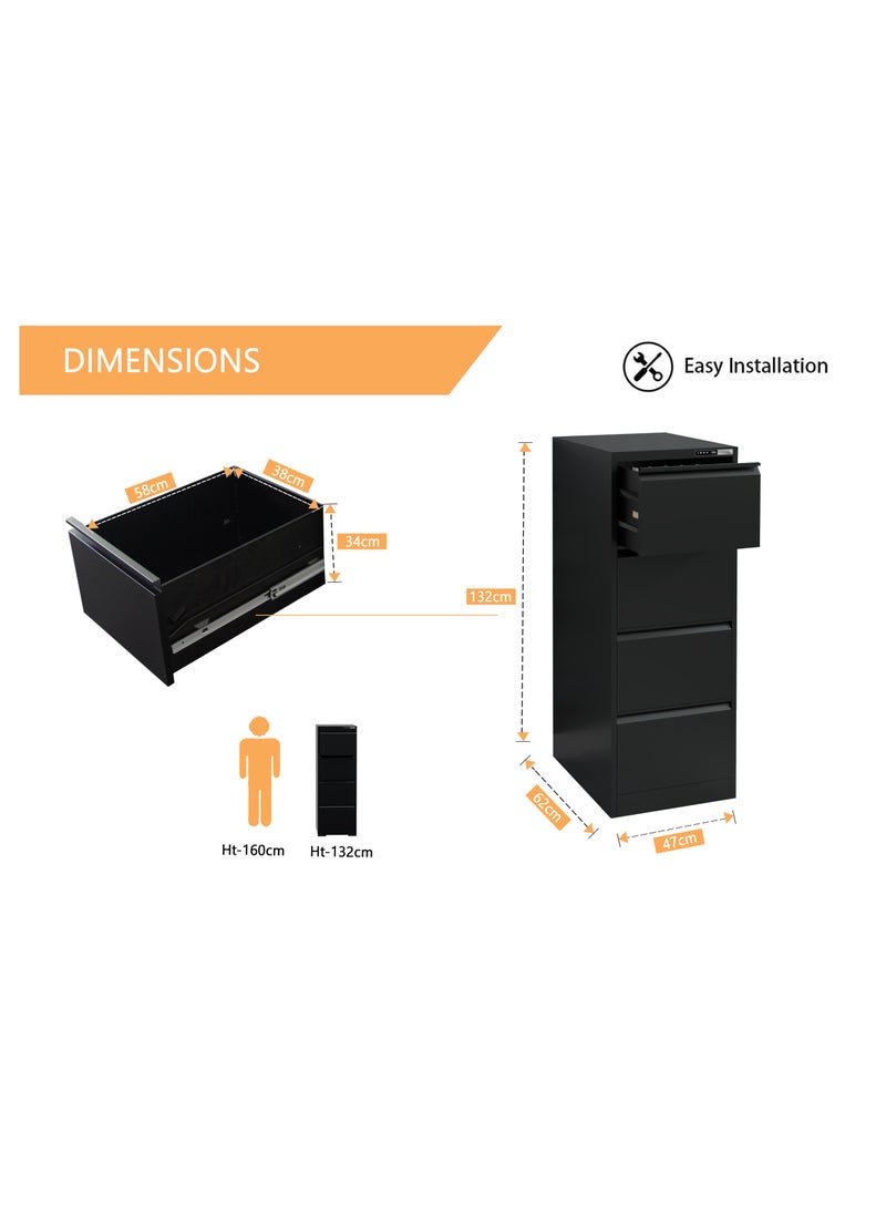 Mahmayi Modern 4-Drawer Steel Filing Cabinet with Digital Lock - Securely Organize Your Documents, Home, and Office Essentials in Style - Black