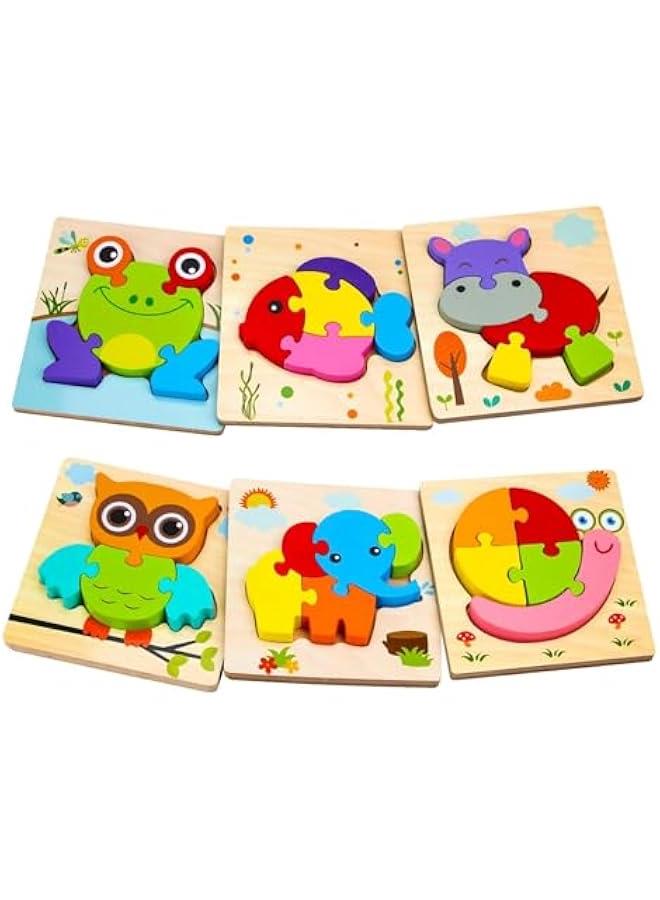 احجية خشبية على شكل حيوانات للاولاد والبنات بعمر 1 و2 و3 سنوات، العاب تعليمية تنموية للاطفال الصغار مع 6 حيوانات للاطفال من مونتيسوري، احجية تعلم باشكال ملونة، من ابين - Image 1