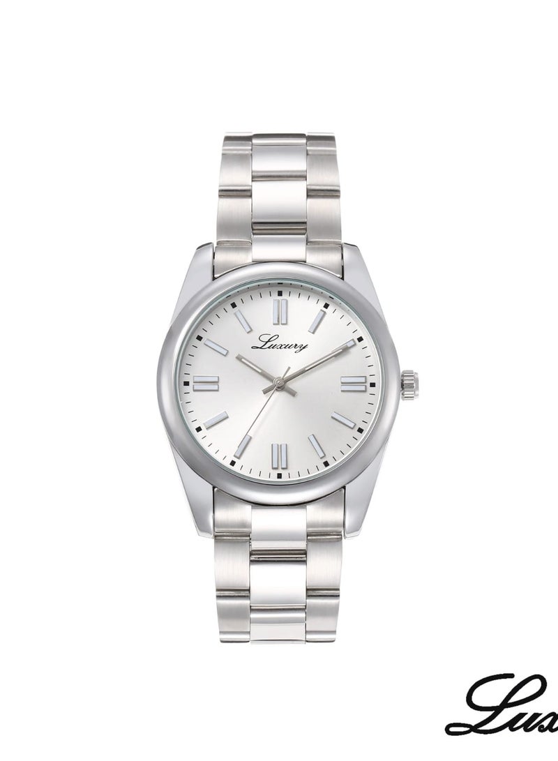 Luxure Men's Stainless Steel Waterproof Watch, Modern, High Quality - Silver Band with Silver Dial