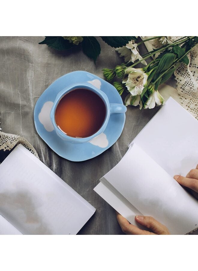 Mug with Saucer Set, Cute Creative Cup Unique Irregular Design for Office and Home, Dishwasher and Microwave Safe, 10oz/300ml for Latte Tea Milk (Blue Sky and White Clouds) - Image 2