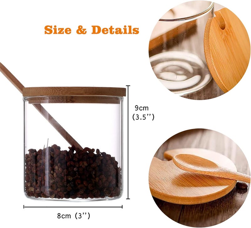 FANTESTICRYAN 2 PCS Clear Glass Condiment Canister Pots Set Simple Stylish Decorative Storage Seasoning Container with Bamboo Lid  Spoon for Home Kitchen Caf Storing Salt Sugar Spice Round - Image 3