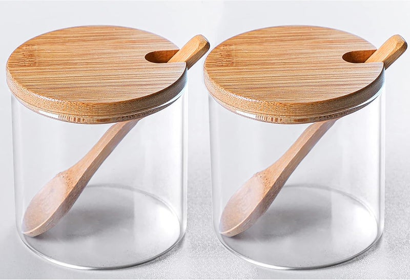FANTESTICRYAN 2 PCS Clear Glass Condiment Canister Pots Set Simple Stylish Decorative Storage Seasoning Container with Bamboo Lid  Spoon for Home Kitchen Caf Storing Salt Sugar Spice Round - Image 1