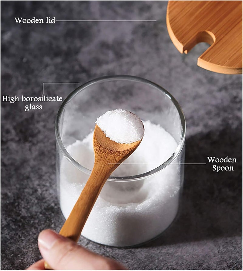 FANTESTICRYAN 2 PCS Clear Glass Condiment Canister Pots Set Simple Stylish Decorative Storage Seasoning Container with Bamboo Lid  Spoon for Home Kitchen Caf Storing Salt Sugar Spice Round - Image 5