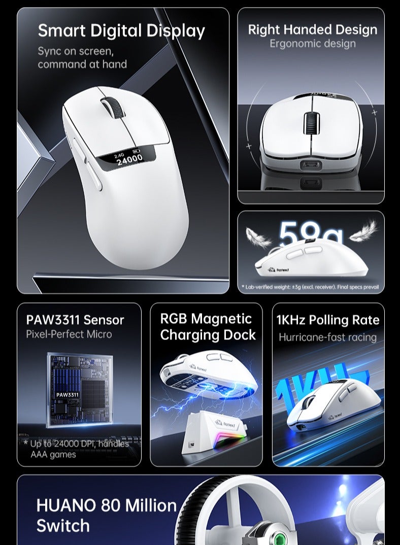 Free wolf Tri-Mode Ultra-Light Gaming Mouse, 24,000 DPI PAW3311, 59 g, RGB Magnetic Charging Dock, 1 kHz Polling, Right-Hand Ergonomics, HUANO 80M Switches (USB-C/2.4 GHz/Bluetooth) - Image 3