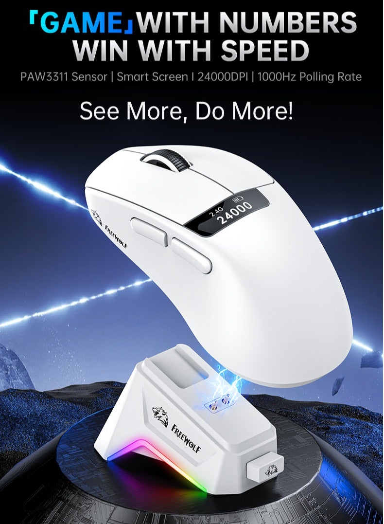 Free wolf Tri-Mode Ultra-Light Gaming Mouse, 24,000 DPI PAW3311, 59 g, RGB Magnetic Charging Dock, 1 kHz Polling, Right-Hand Ergonomics, HUANO 80M Switches (USB-C/2.4 GHz/Bluetooth) - Image 2