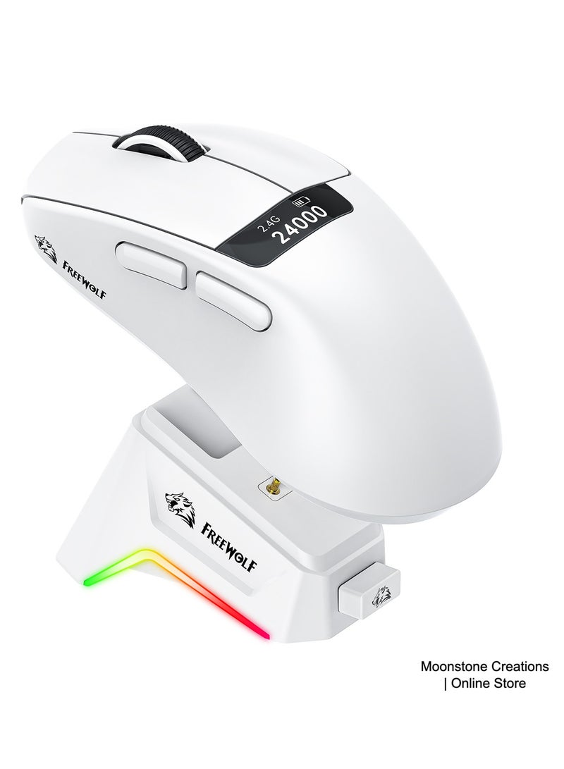 Free wolf Tri-Mode Ultra-Light Gaming Mouse, 24,000 DPI PAW3311, 59 g, RGB Magnetic Charging Dock, 1 kHz Polling, Right-Hand Ergonomics, HUANO 80M Switches (USB-C/2.4 GHz/Bluetooth) - Image 1