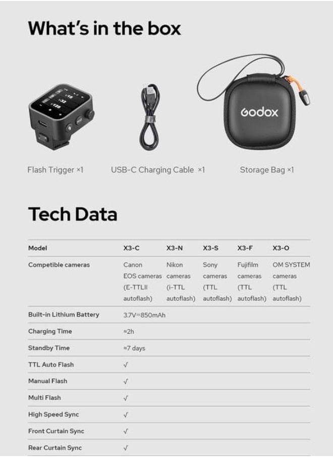 Godox Godox X3S Wireless TTL Flash Trigger for Sony Cameras – X3-S OLED Touchscreen, 1/8000s HSS, TCM, USB-C, Built-in Battery – X3 S Works with Godox V1, V100, Speedlight, Camera Flash Light, Godox Flash for Sony  - Image 5