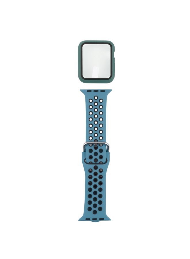 BURAQ Protective Cover Silicone Watch Band + Protective Case with Screen Protector Set For Apple Watch Series 3 & 2 & 1 38mm(Cyan Black)