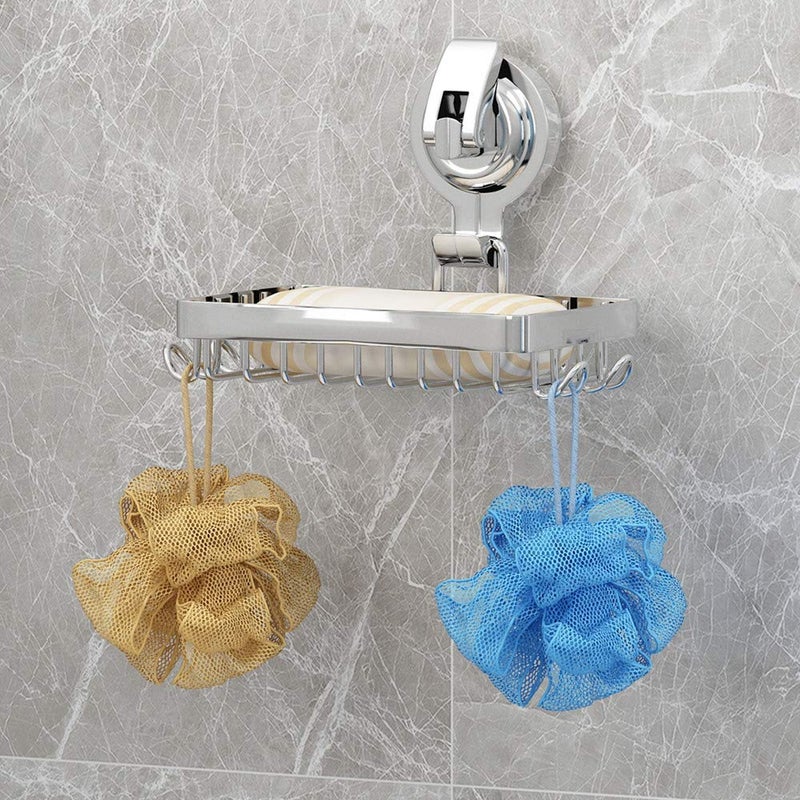 TESOT Soap Holder Shower, Suction Cup Soap Dish for Shower with 4 Hooks, 304 Stainless Steel, Silver - Image 2