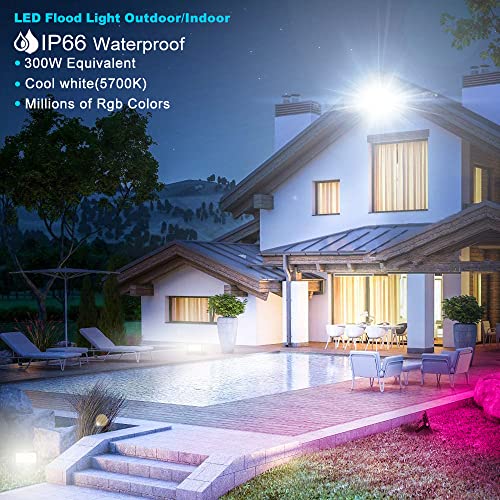 MELPO ضوء الفيضانات LED خارجي، يعادل 300 واط 3000 لومن إضاءة المناظر الطبيعية الذكية RGB مع التحكم عبر التطبيق، مشاهد DIY - توقيت - 5700 كلفن ضوء النهار الأبيض - إضاءة ملونة متغيرة، مقاوم للماء IP66 قابس أمريكي MELPO (4 عبوات) - Image 2