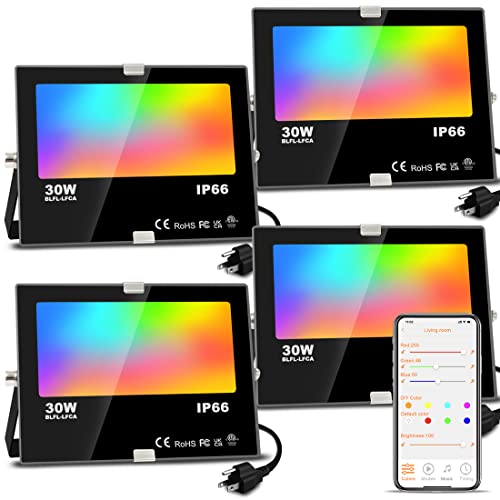 MELPO ضوء الفيضانات LED خارجي، يعادل 300 واط 3000 لومن إضاءة المناظر الطبيعية الذكية RGB مع التحكم عبر التطبيق، مشاهد DIY - توقيت - 5700 كلفن ضوء النهار الأبيض - إضاءة ملونة متغيرة، مقاوم للماء IP66 قابس أمريكي MELPO (4 عبوات) - Image 1