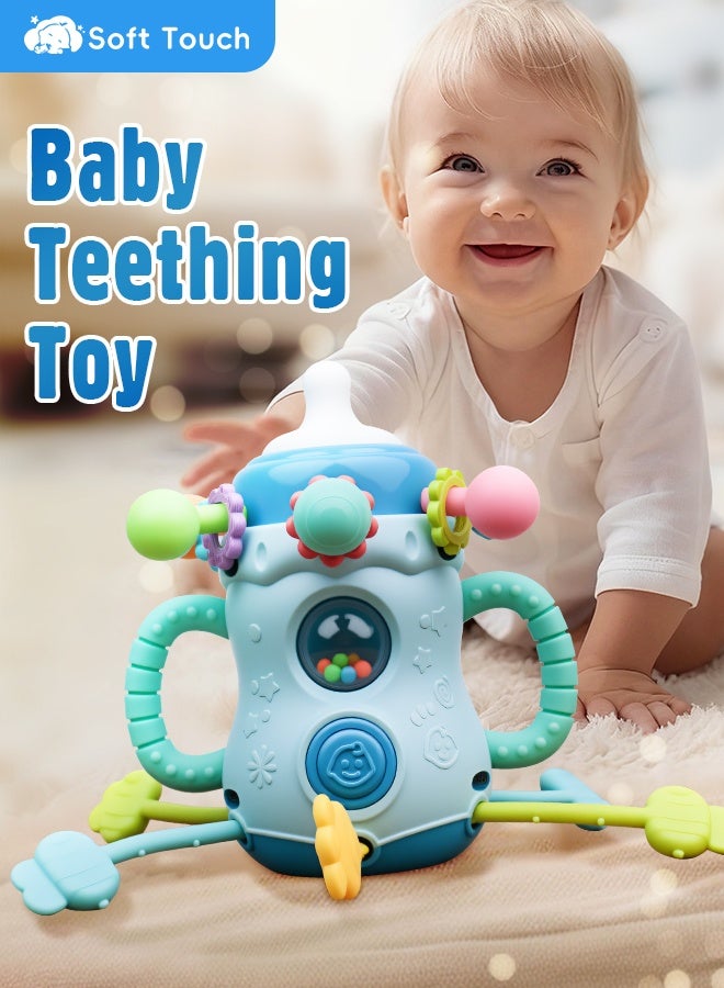 Soft Touch 1PCS Baby Teething Toy with Handle, Montessori Sensory Toy, Toddler Learning Educational Toy, Silicone Pull String Toy for Kids, Baby Chew Toy, Infant Rattle Toy for Boys Girls Gift (Blue) - Image 1