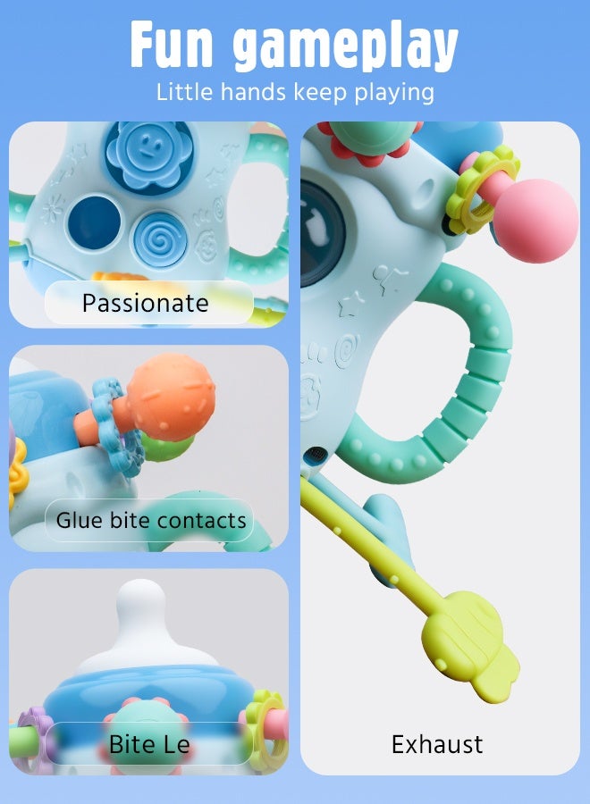 Soft Touch 1PCS Baby Teething Toy with Handle, Montessori Sensory Toy, Toddler Learning Educational Toy, Silicone Pull String Toy for Kids, Baby Chew Toy, Infant Rattle Toy for Boys Girls Gift (Blue) - Image 4