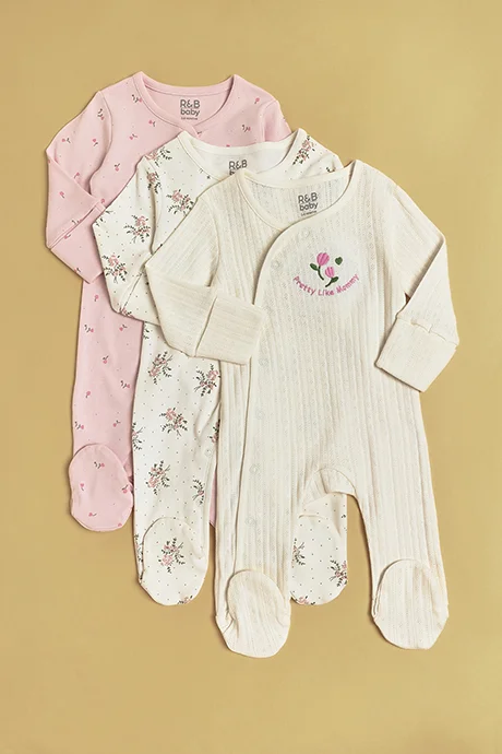 R&B Embroidered Footed Sleepsuit with Crew Neck and Long Sleeves