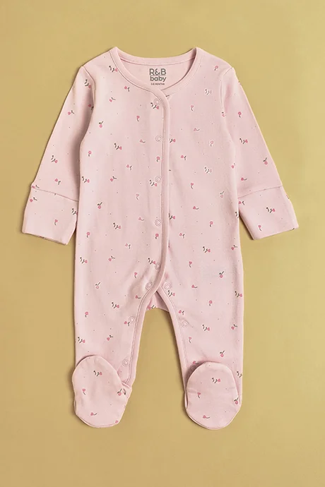 R&B Embroidered Footed Sleepsuit with Crew Neck and Long Sleeves