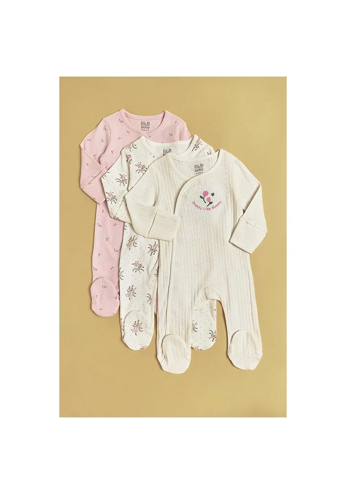 أر أند بي Embroidered Footed Sleepsuit with Crew Neck and Long Sleeves