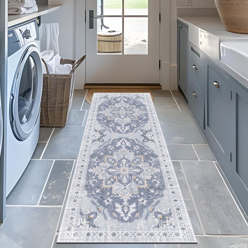 TTelephant Boho Tribal Runner Rug - 2x6 Hallway Runner Rugs with Non-Slip Backing Low-Pile Bohemian Washable Distressed Rug Runners for Hallway Kitchen Farmhouse Bathroom Laundry Room - Blue/Gray - Image 1