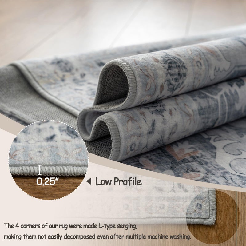 TTelephant Boho Tribal Runner Rug - 2x6 Hallway Runner Rugs with Non-Slip Backing Low-Pile Bohemian Washable Distressed Rug Runners for Hallway Kitchen Farmhouse Bathroom Laundry Room - Blue/Gray - Image 3
