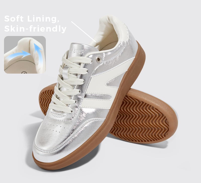 LUCKY STEP Women Classic Retro Gum Sole Fashion Sneakers Casual Tennis Skate Shoe Genuine Leather Walking Footwear Anti Slip Trainers(Silver,7) - Image 4