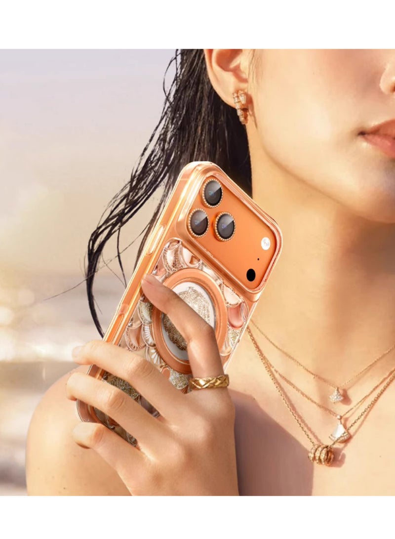 KeepHone iPhone 17 Pro MagSafe Case Magnetic Back Cover, 3D Textured Seashell Pattern Glittering, Women Girl IPhone Case Anti-Yellow & Anti-Scratch, Ultra Slim, for iPhone 17 Pro (Orange) - Image 3