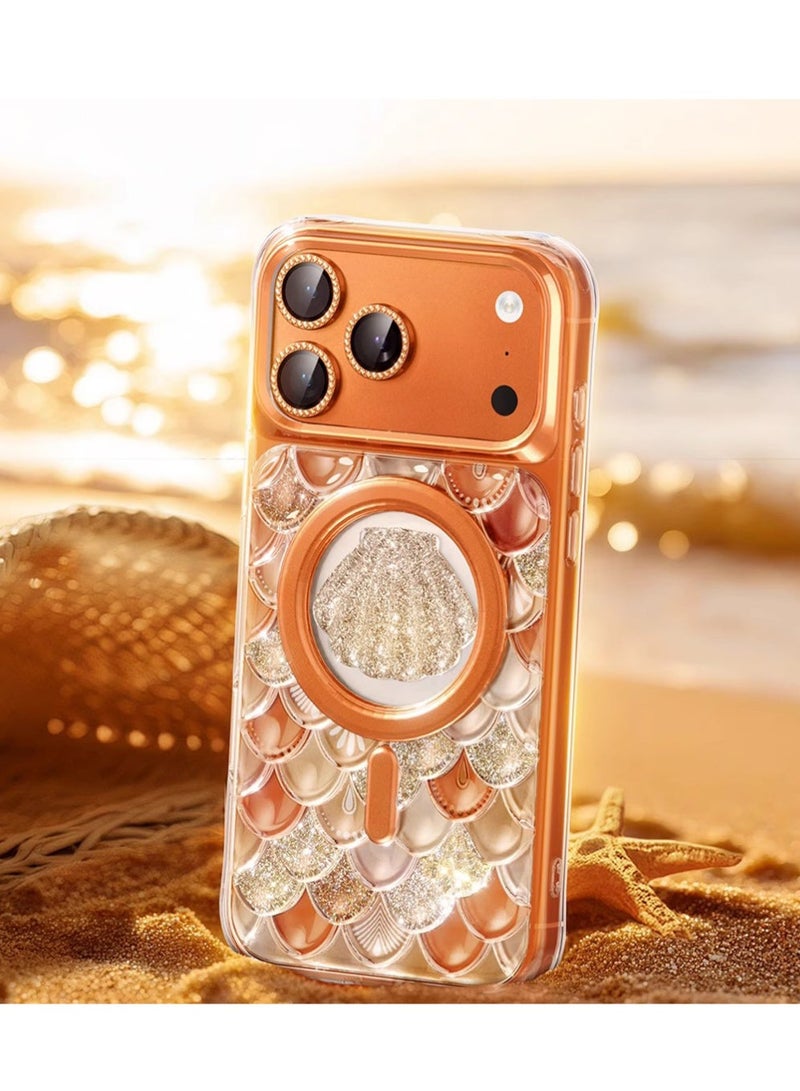 KeepHone iPhone 17 Pro MagSafe Case Magnetic Back Cover, 3D Textured Seashell Pattern Glittering, Women Girl IPhone Case Anti-Yellow & Anti-Scratch, Ultra Slim, for iPhone 17 Pro (Orange) - Image 1