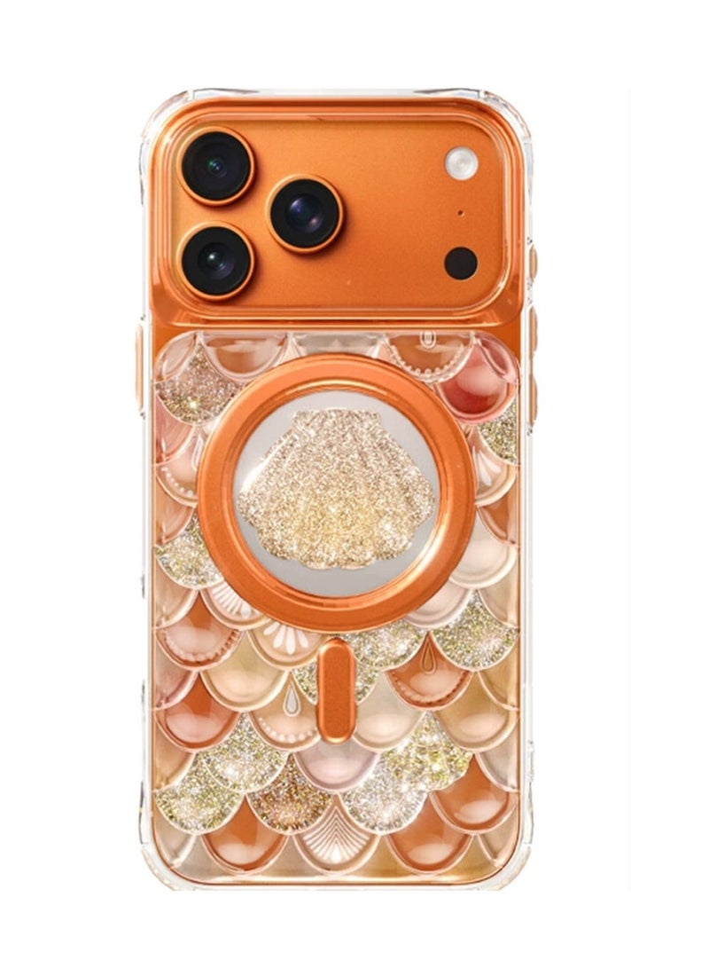 KeepHone iPhone 17 Pro MagSafe Case Magnetic Back Cover, 3D Textured Seashell Pattern Glittering, Women Girl IPhone Case Anti-Yellow & Anti-Scratch, Ultra Slim, for iPhone 17 Pro (Orange) - Image 2