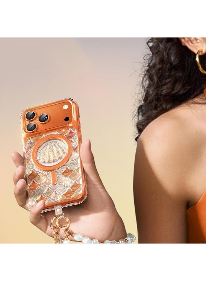 KeepHone iPhone 17 Pro MagSafe Case Magnetic Back Cover, 3D Textured Seashell Pattern Glittering, Women Girl IPhone Case Anti-Yellow & Anti-Scratch, Ultra Slim, for iPhone 17 Pro (Orange) - Image 4