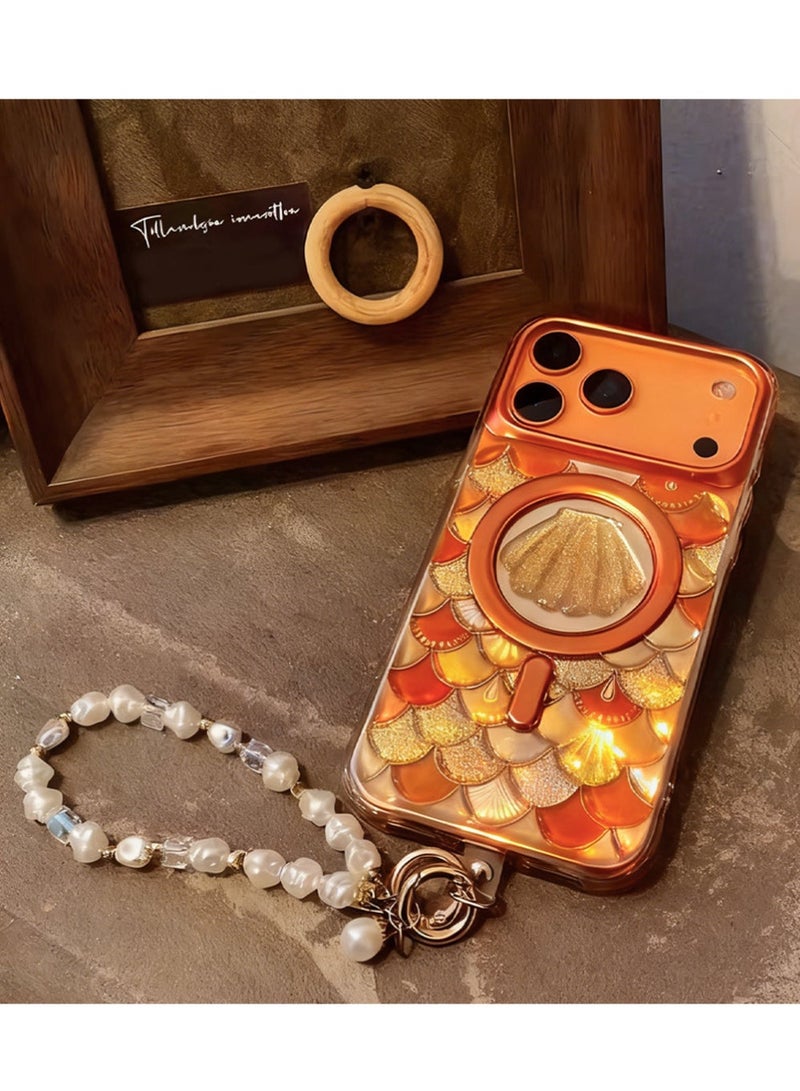 KeepHone iPhone 17 Pro MagSafe Case Magnetic Back Cover, 3D Textured Seashell Pattern Glittering, Women Girl IPhone Case Anti-Yellow & Anti-Scratch, Ultra Slim, for iPhone 17 Pro (Orange) - Image 5