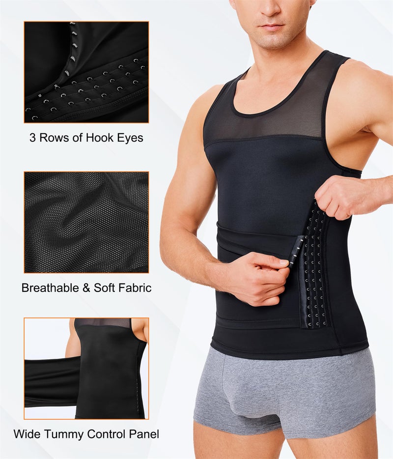 TAILONG Men Body Shaper Slimming Vest Tight Tank Top Compression Shirt Tummy Control Underwear Moobs Binder (Black, 3X-Large) - Image 2