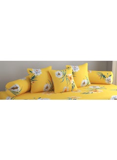 SHOMES SHOMES Pure Soft Cotton Floral Printed Diwan Set Covers 8 Pieces 1 Single Bed Sheet 60 X 90 with 5 Cushion 16 X 16 2 Bolster Covers 16 X 32 Yellow Flower  - Image 2