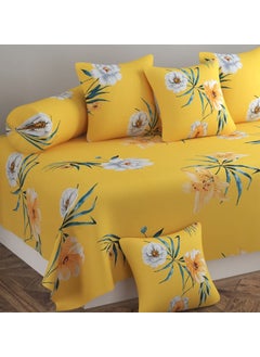 SHOMES SHOMES Pure Soft Cotton Floral Printed Diwan Set Covers 8 Pieces 1 Single Bed Sheet 60 X 90 with 5 Cushion 16 X 16 2 Bolster Covers 16 X 32 Yellow Flower  - Image 3