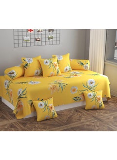 SHOMES SHOMES Pure Soft Cotton Floral Printed Diwan Set Covers 8 Pieces 1 Single Bed Sheet 60 X 90 with 5 Cushion 16 X 16 2 Bolster Covers 16 X 32 Yellow Flower  - Image 1