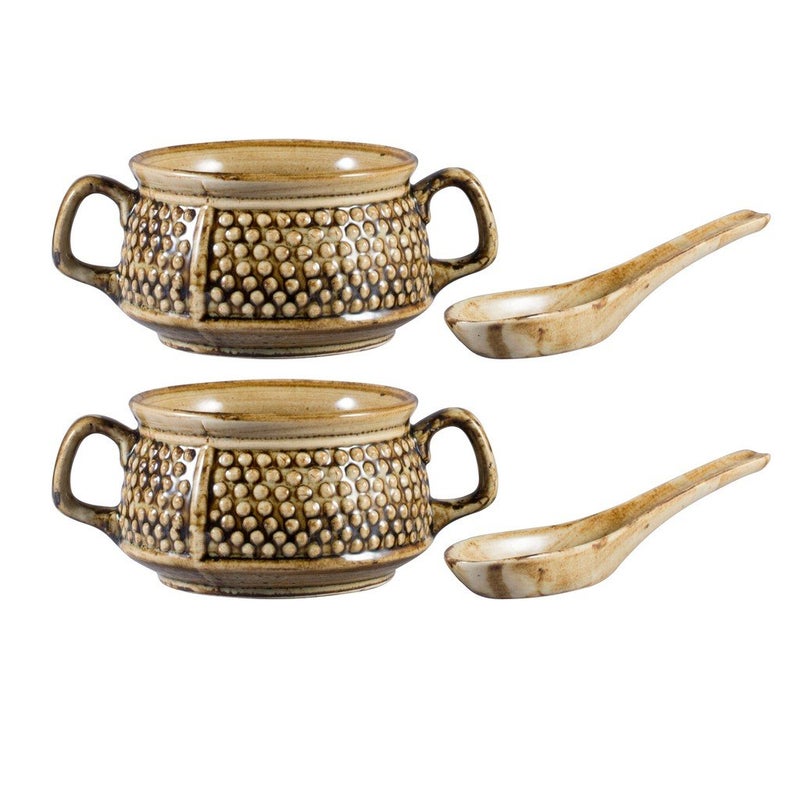 Caffeine Ceramic Handmade Brown Metallic Double Handled Soup Bowl (Set of 2) - Image 1