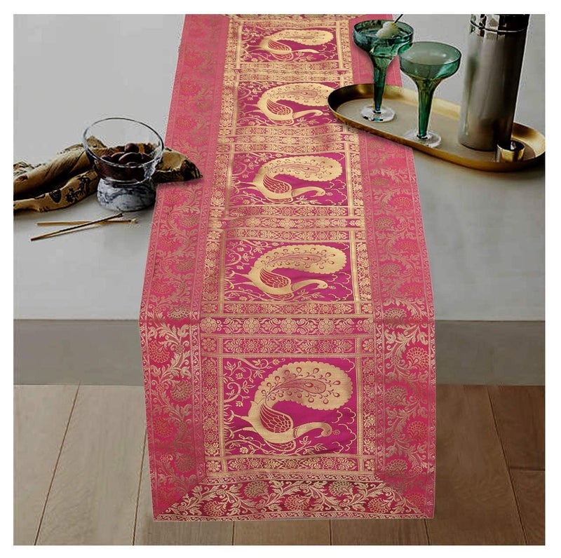 E - Ezra E EZRA Banarsi Brocade Silk Table Runner for Dining Table 6 4 Seater Centre Peacock Table Top Runner 60x16 Inches Pink - Image 1