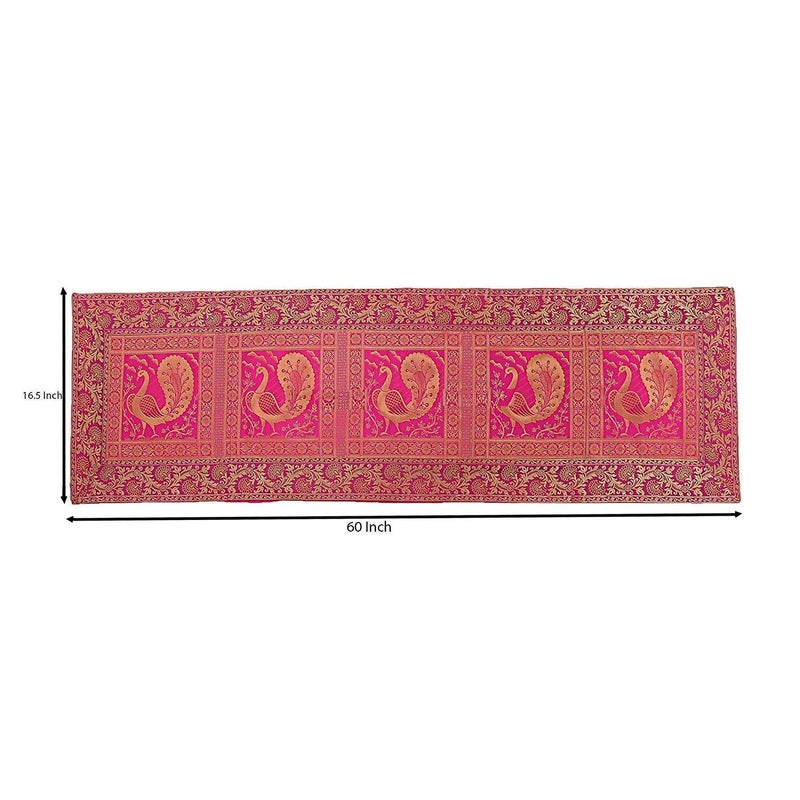E - Ezra E EZRA Banarsi Brocade Silk Table Runner for Dining Table 6 4 Seater Centre Peacock Table Top Runner 60x16 Inches Pink - Image 4