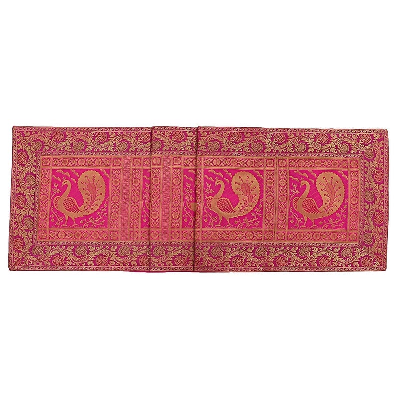 E - Ezra E EZRA Banarsi Brocade Silk Table Runner for Dining Table 6 4 Seater Centre Peacock Table Top Runner 60x16 Inches Pink - Image 3